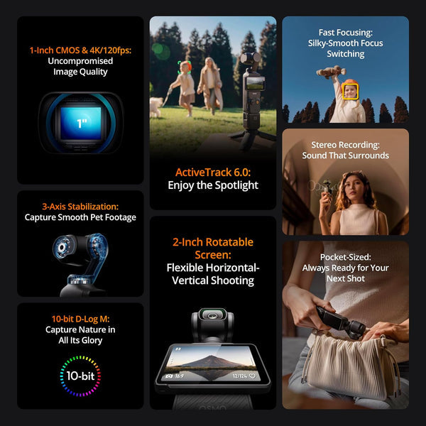 DJI Osmo Pocket 3 Creator Combo handheld 4K camera with accessories, available at Keans Claremorris store.