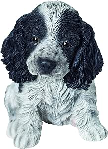 Black and white resin Cocker Spaniel pup ornament, UV stable, frost resistant, free standing – Keans Claremorris.