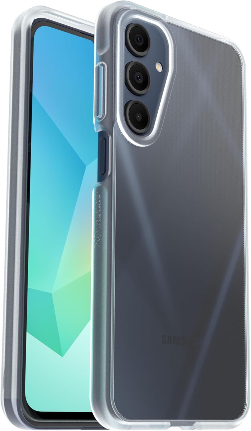 Clear Otterbox React case on Samsung Galaxy A16 showing front screen and triple rear cameras.