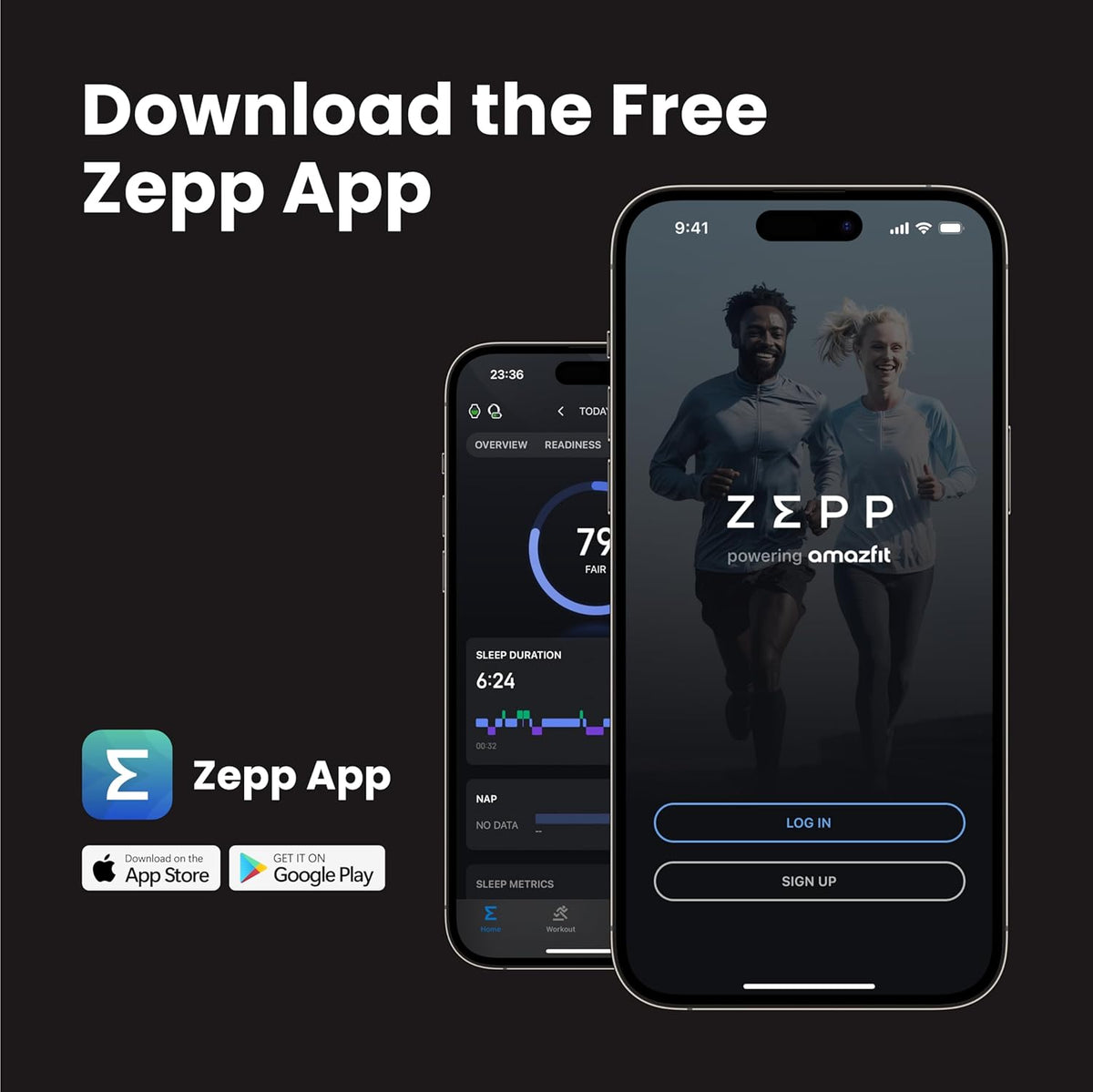 Two smartphones showing the Zepp app login screen and sleep tracking data on a black background.