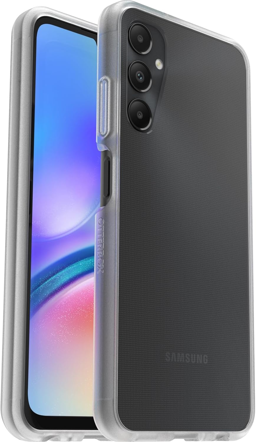 Samsung Galaxy A05s with a clear OtterBox protective case showing front and back.