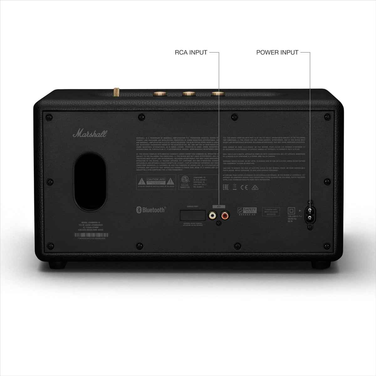 Back view of Marshall Stanmore III Bluetooth speaker in black showing RCA and power input ports.