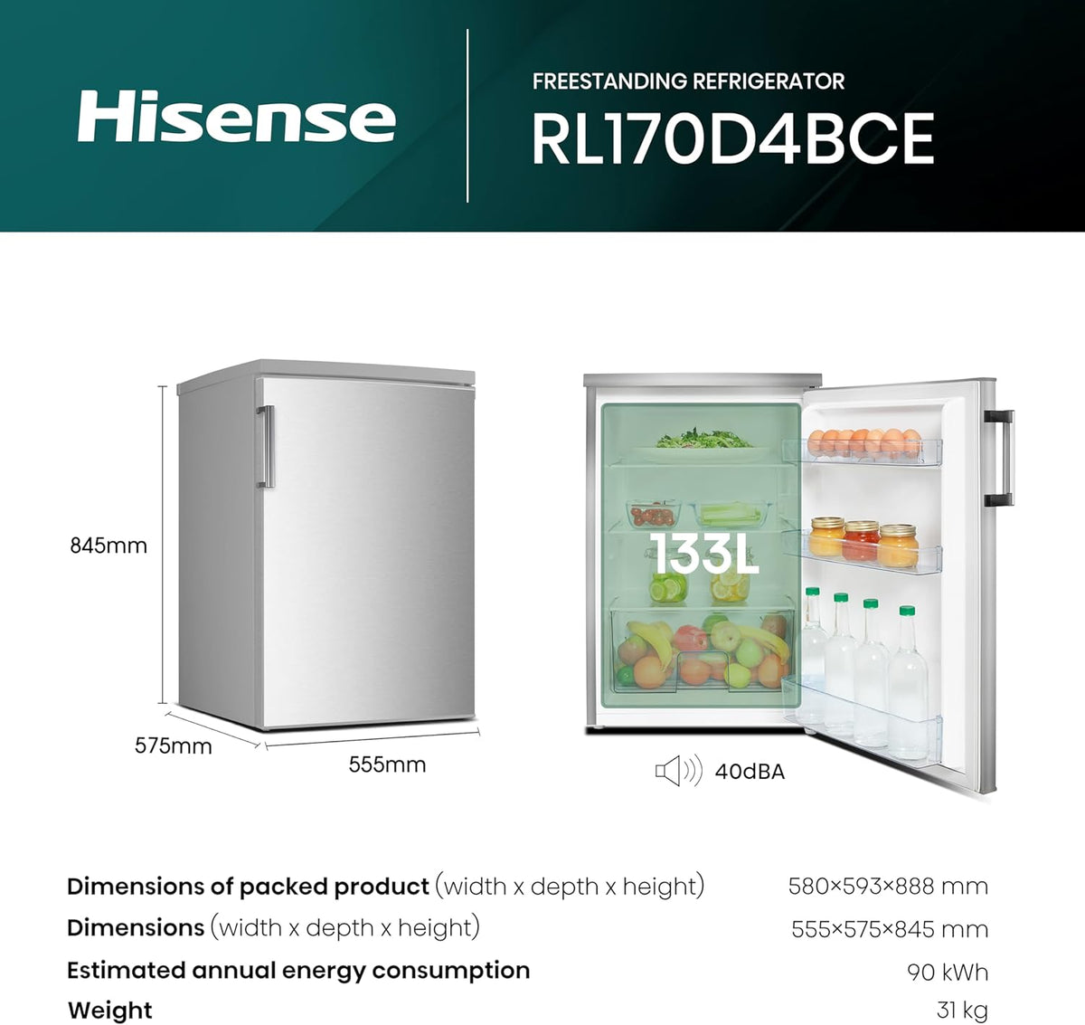 Hisense 56cm undercounter fridge in stainless steel, closed and open with food inside, showing dimensions.