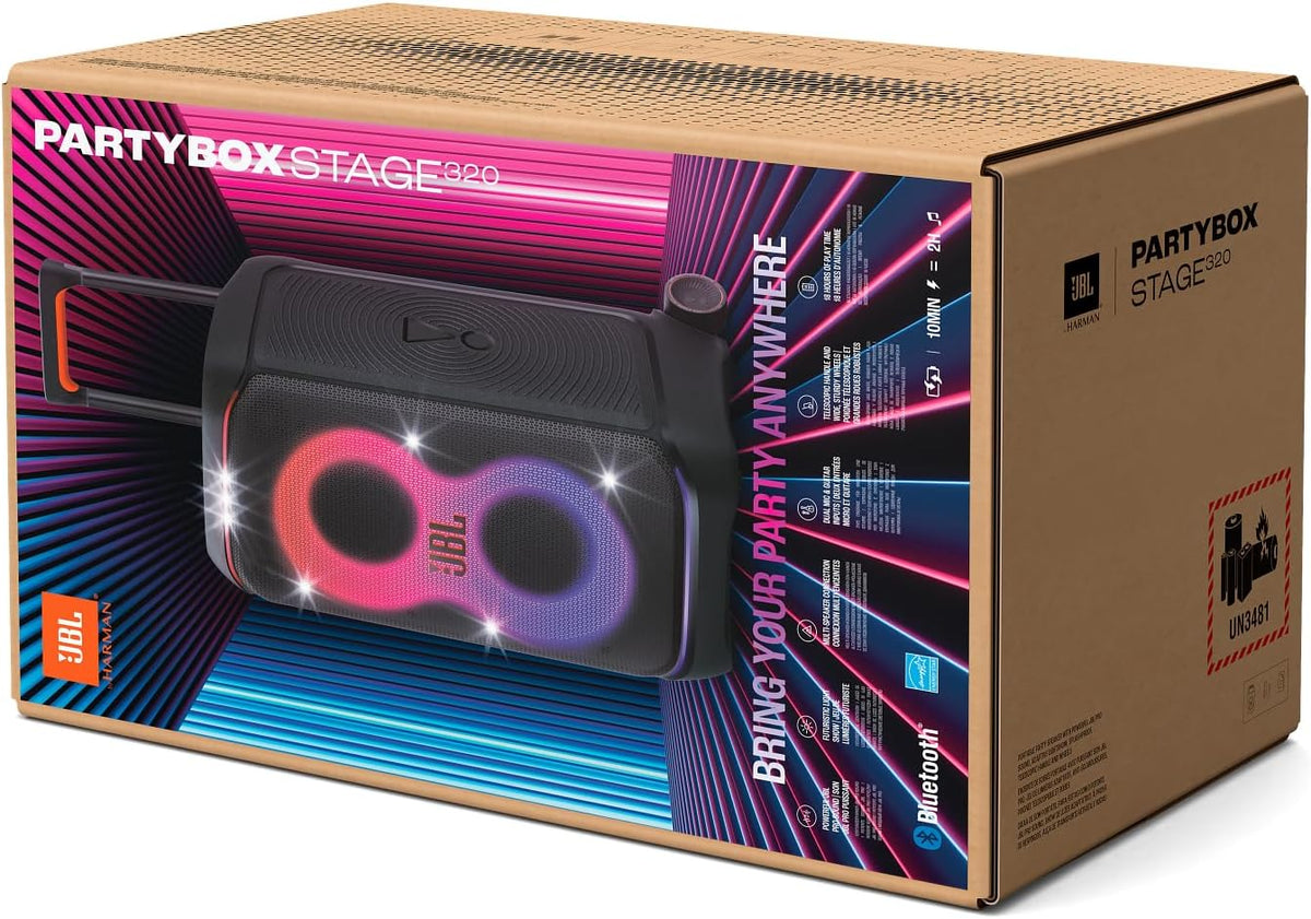 JBL PartyBox Stage 320 Portable Bluetooth Party Speaker with powerful sound and lights – available at Keans Claremorris