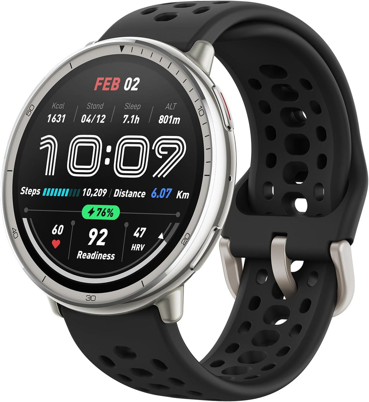 Amazfit Active 2 smartwatch with round silver bezel and black perforated sport silicone strap showing fitness stats on
