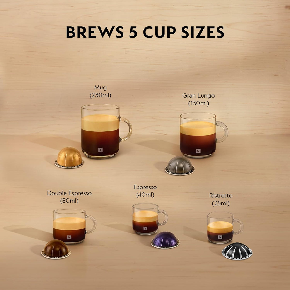Five glass cups with different coffee sizes and matching Nespresso capsules on a wooden surface.