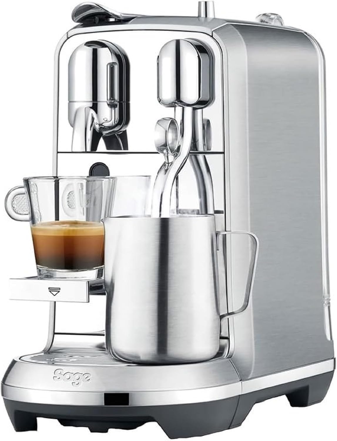 Sage The Creatista Plus Nespresso machine in brushed stainless steel with espresso cup and milk frothing jug.