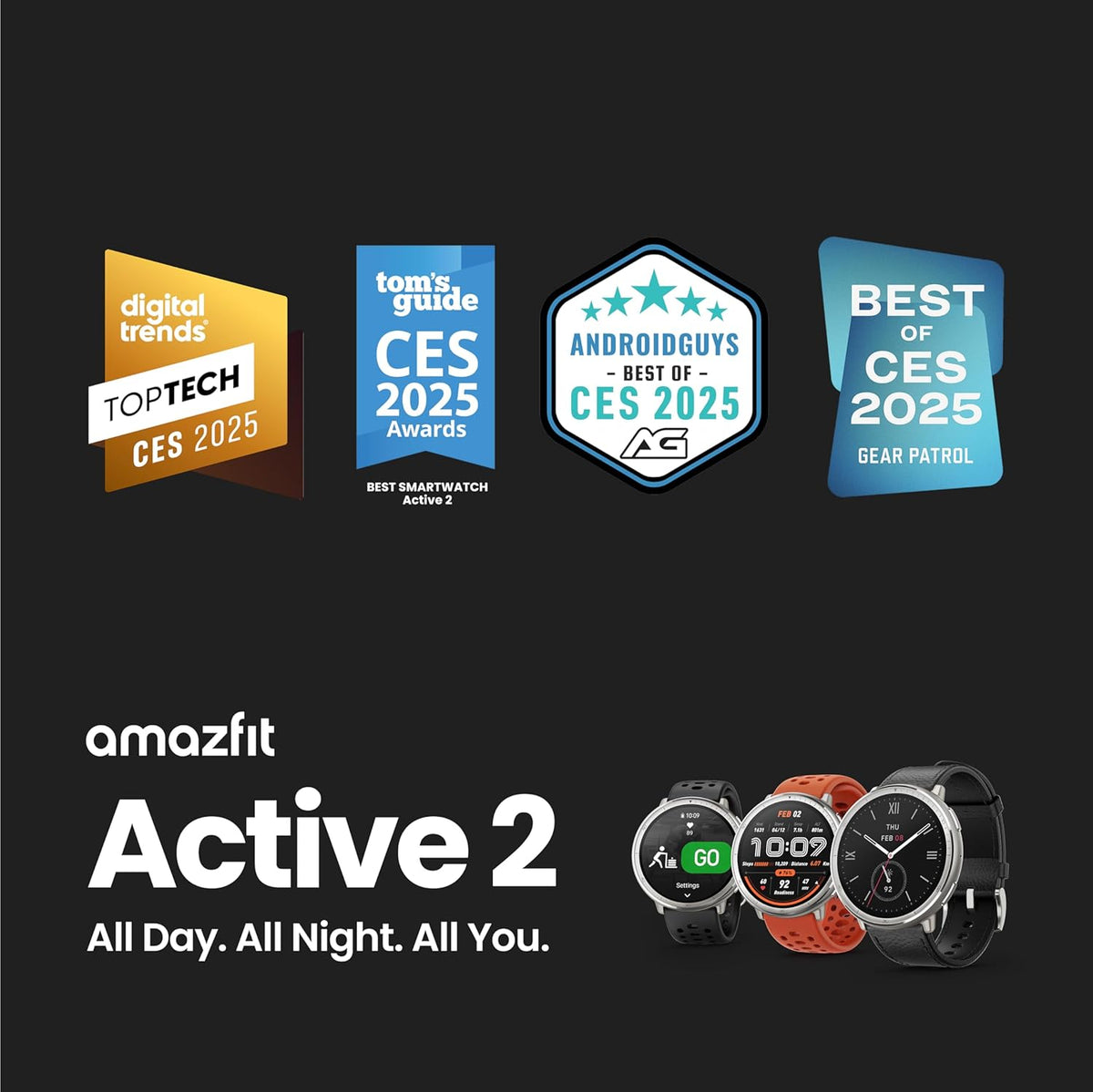 Amazfit Active 2 smartwatches in black, orange, and black leather straps with CES 2025 award badges above.
