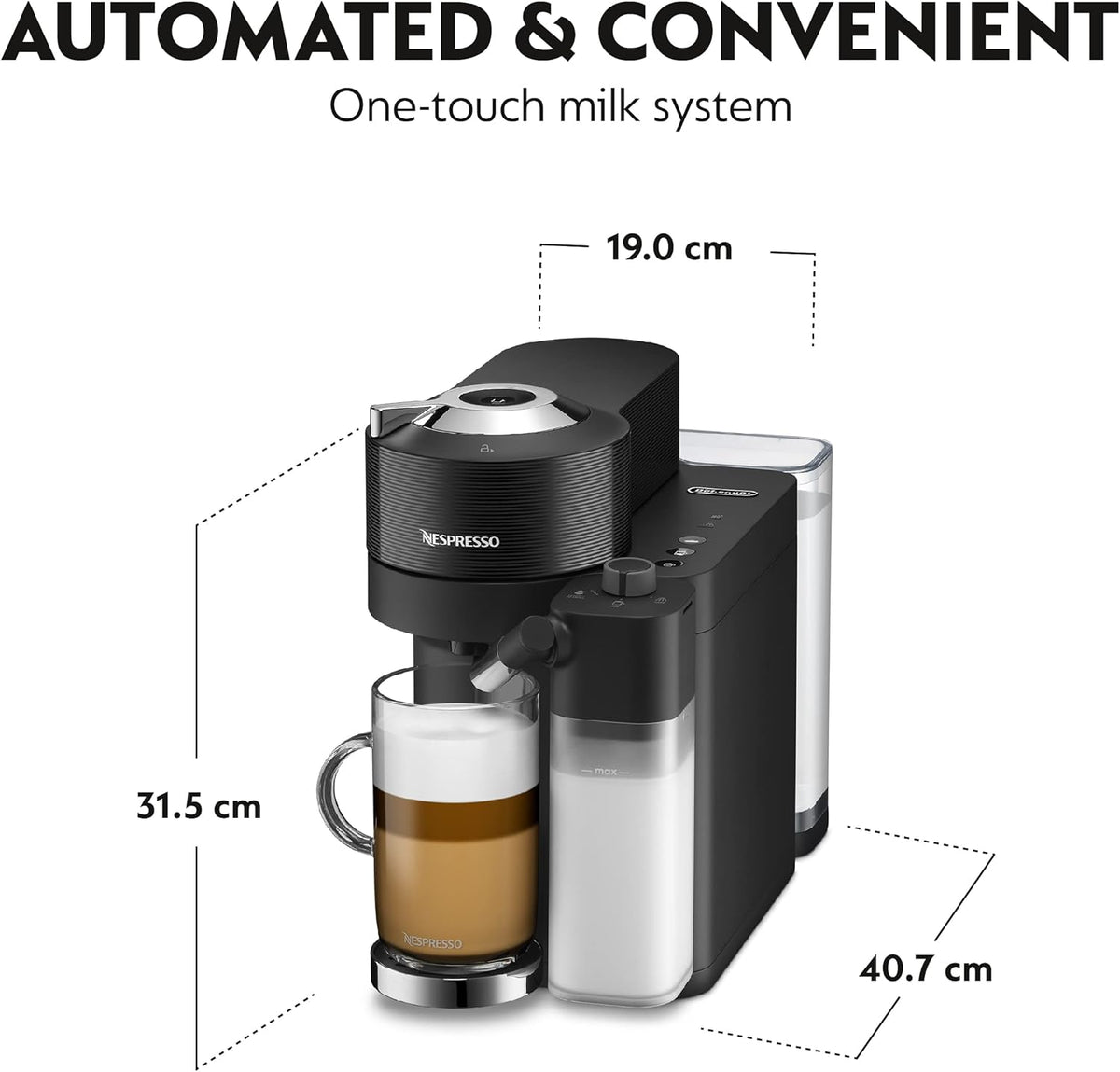 Delonghi Nespresso Vertuo Lattissima black coffee machine with milk frother and glass of layered coffee