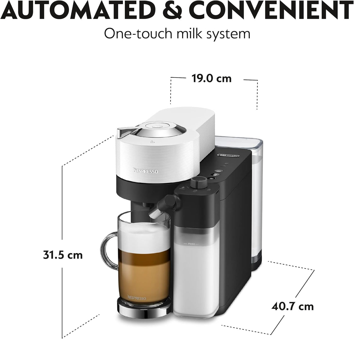 Delonghi Nespresso Vertuo Lattissima in white and black with a glass of layered coffee and milk frother.
