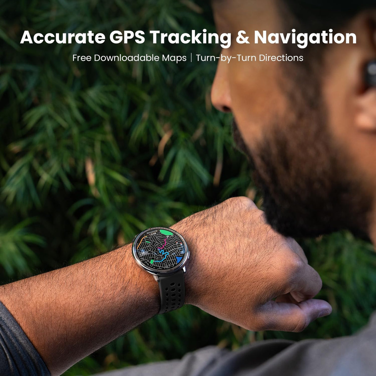 Amazfit Active 2 smartwatch with black sport silicone band showing a colorful GPS map on the round screen.