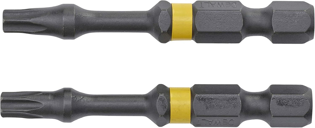 Two DeWalt 50mm TX0 impact torsion bits with yellow magnetic screwlock sleeves.