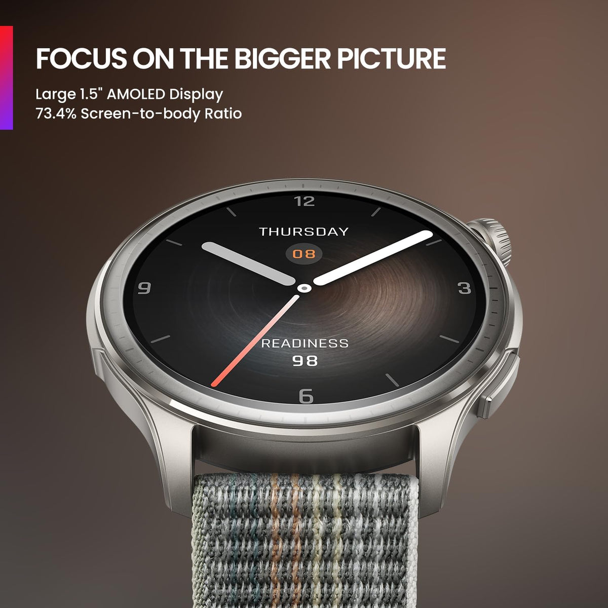 Amazfit Balance smartwatch in sunset grey with round AMOLED display and fabric strap showing time and date