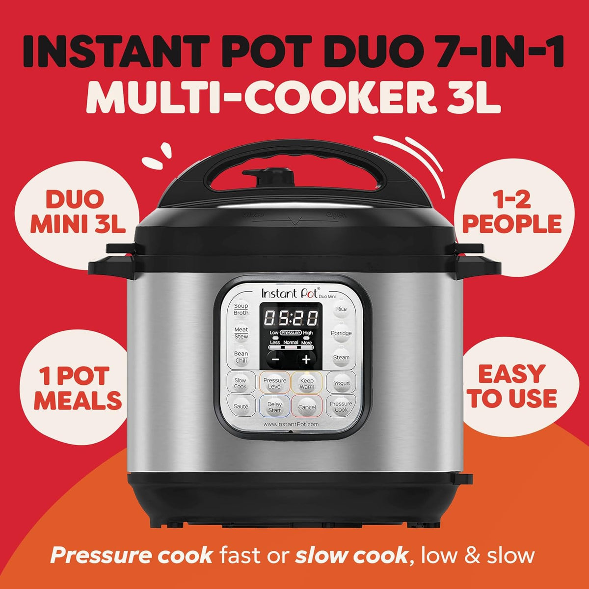 Instant Pot Duo Mini 3L multicooker with digital control panel and stainless steel body on red background.