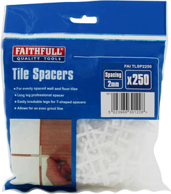 Faithfull 2mm Long Leg Tile Spacers, 250 pack for even grout lines, snap for T joints, durable plastic – available at Kean’s