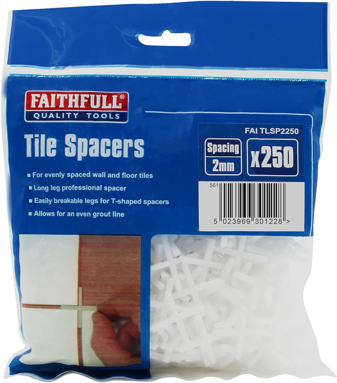 Faithfull 2mm Long Leg Tile Spacers, 250 pack for even grout lines, snap for T joints, durable plastic – available at Kean’s