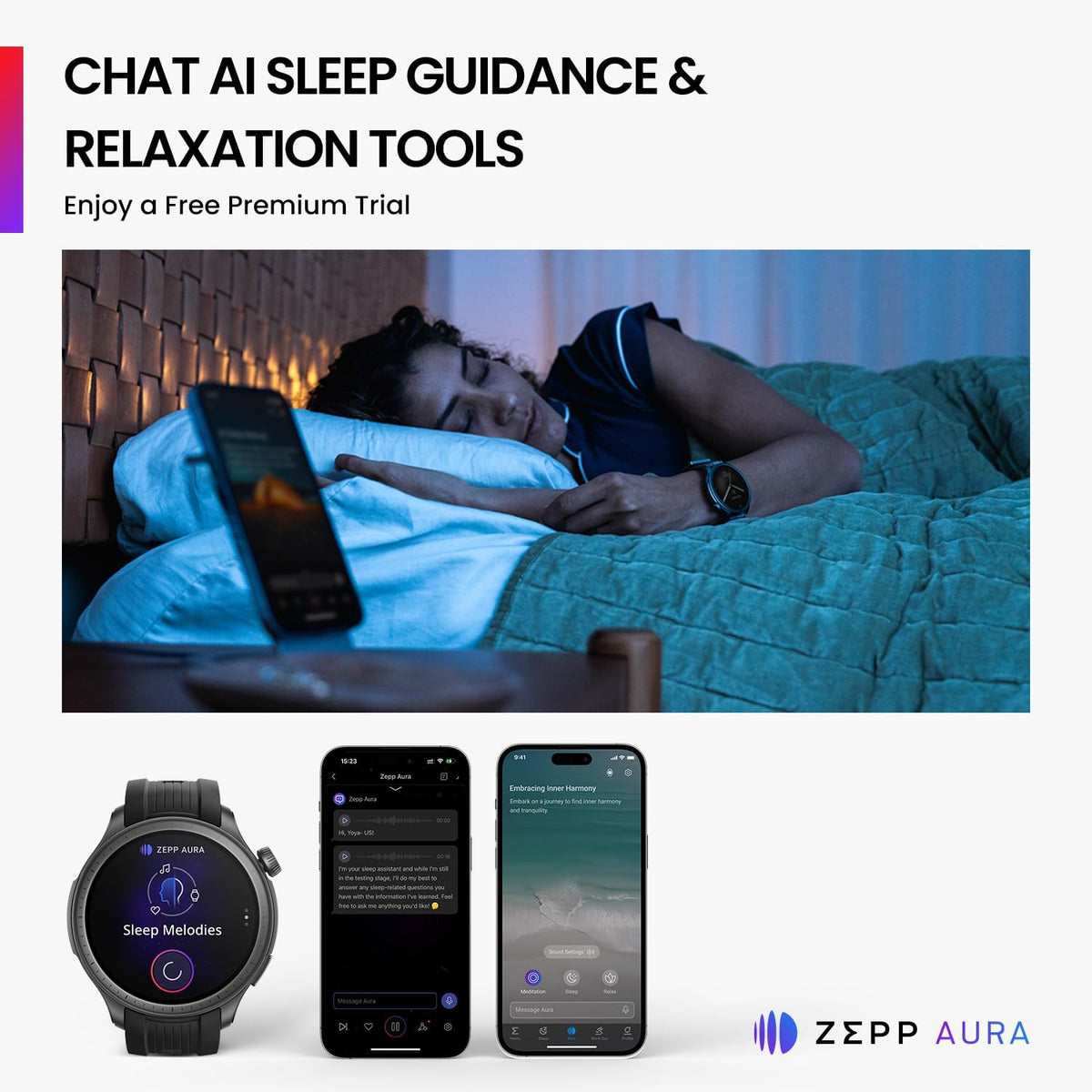 Amazfit Balance smartwatch in sunset grey with black strap, showing sleep melodies on screen.
