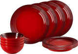 Le Creuset 12-piece Cerise stoneware dinner set with plates and bowls, durable, dishwasher safe – available at Keans