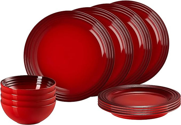 Le Creuset 12-piece Cerise stoneware dinner set with plates and bowls, durable, dishwasher safe – available at Keans
