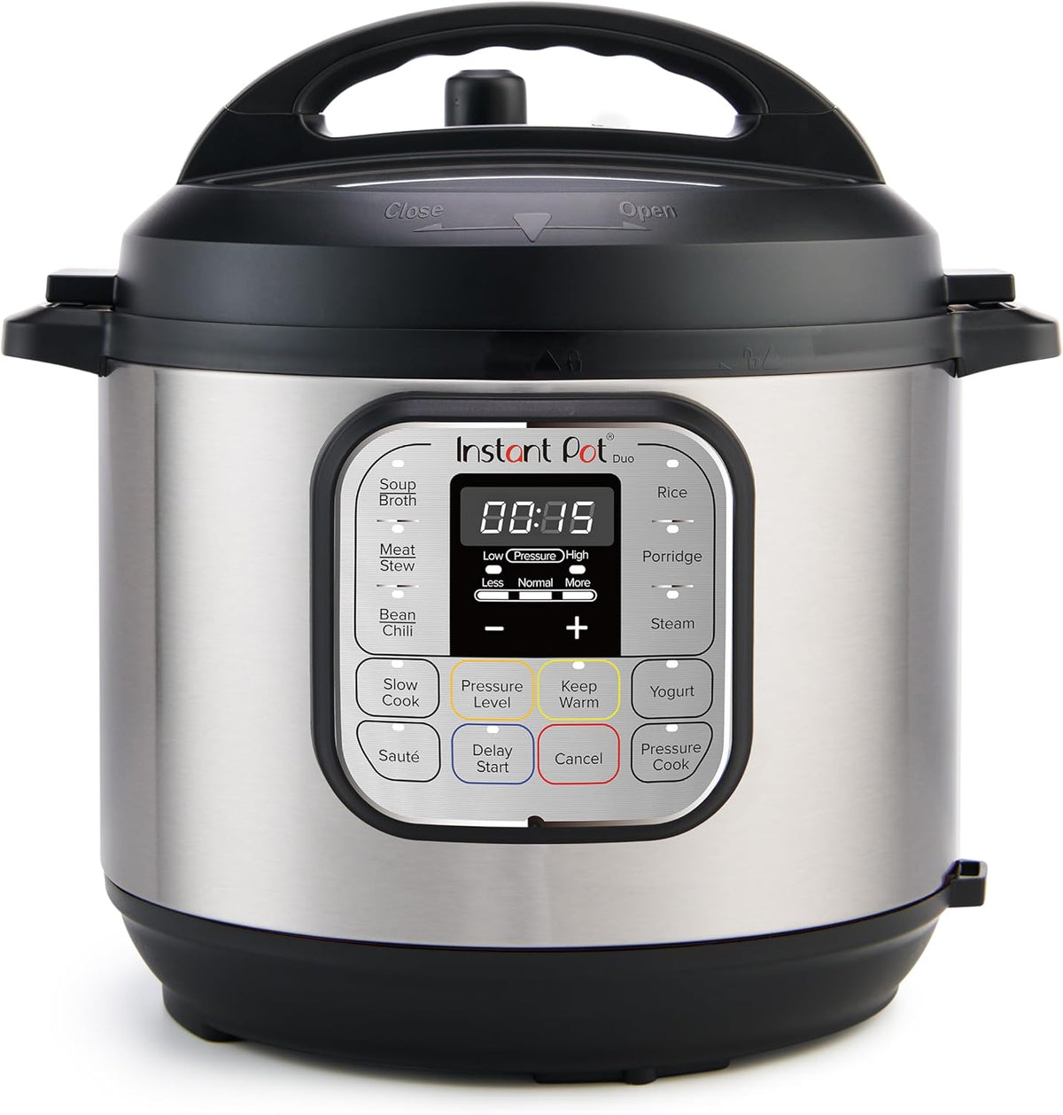 Instant Pot Duo Mini 3L multicooker with digital control panel and stainless steel body, front view.