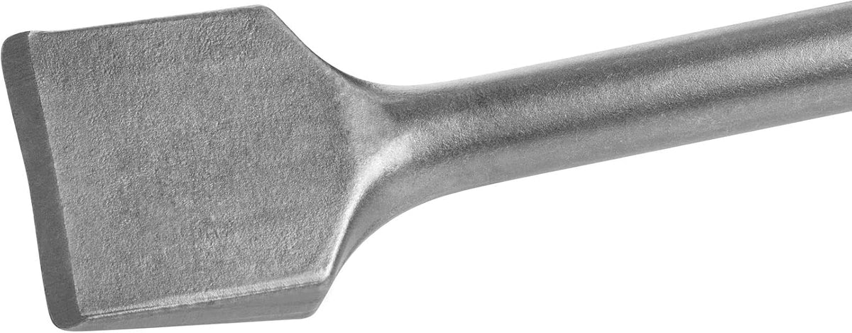 Close-up of the flat, wide chisel head and part of the shaft of a DeWalt SDS Plus steel tile/scaling chisel.