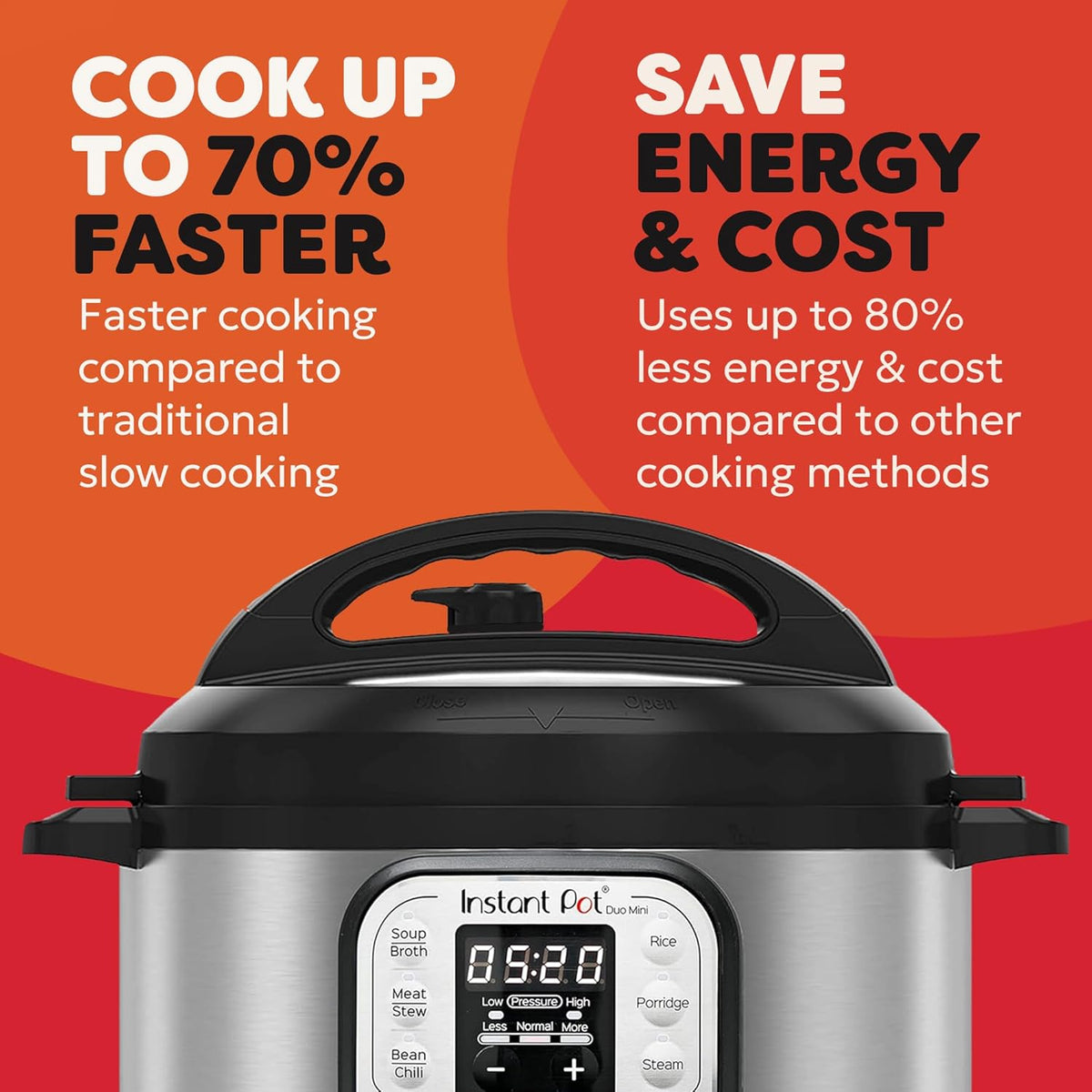 Instant Pot Duo Mini 3 Multicooker front view showing control panel and black lid handle on red background.