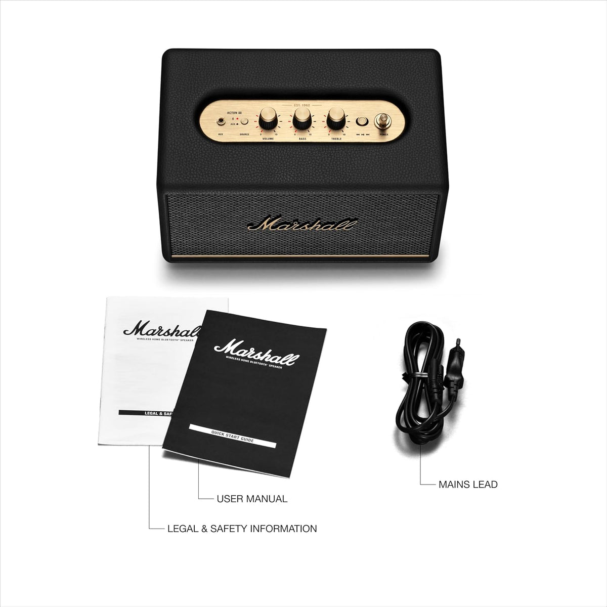 Marshall Acton III Bluetooth speaker in black with user manuals and a mains power lead on a white background.