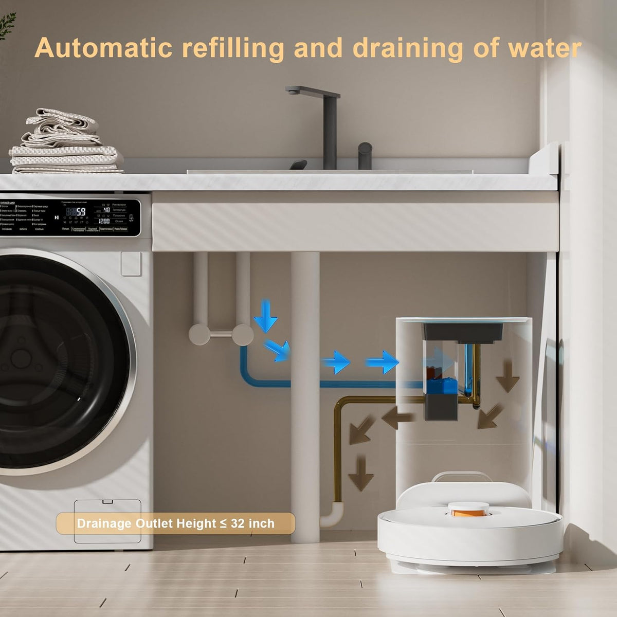 Dreame Water Hookup Kit showing water flow connections under a sink with a robot vacuum nearby.