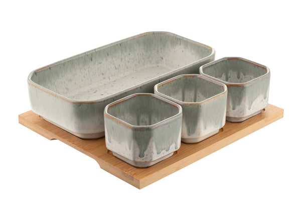 Belleek Living Tivoli Serving Set with blue-grey stoneware and bamboo board, oven-safe, from Kean’s Claremorris. – online at