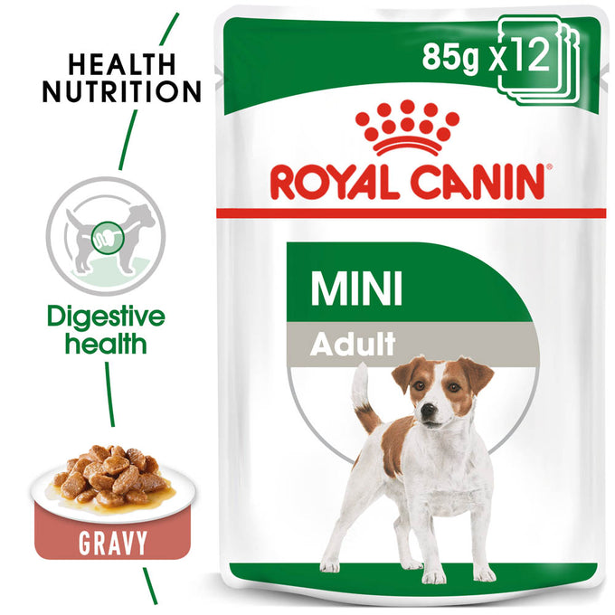Royal Canin Mini Adult cat food in gravy pouch 85g – small breed nutrition, available at Keans Claremorris