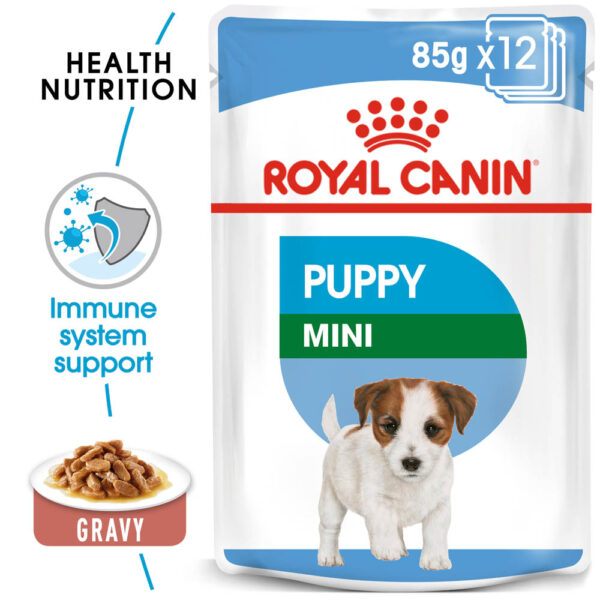 Royal Canin Mini Puppy in Gravy Pouch 85g - nutritious wet dog food for small puppies, available at Keans Claremorris.