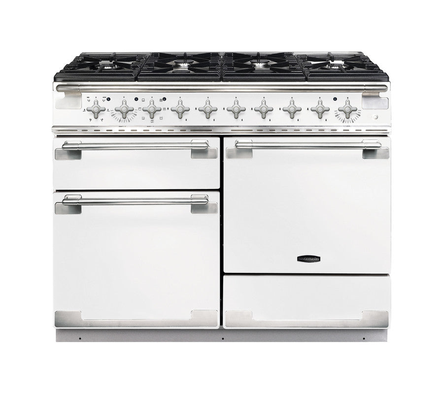 Rangemaster Elise 110 dual fuel range cooker in white with six burners and three oven doors visible from front view.