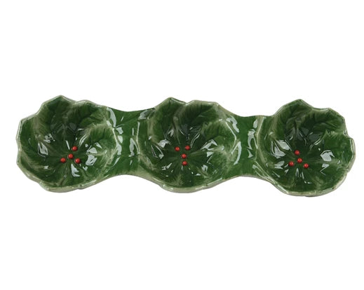 Green Tapas Dish – Shiny Finish with 3 Sections