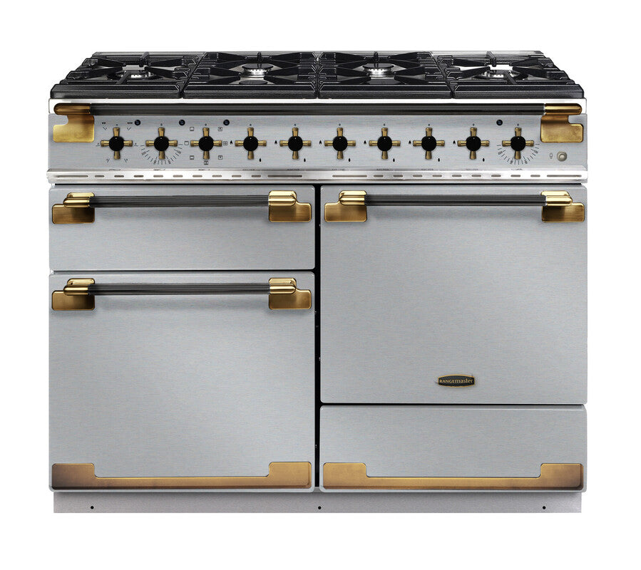 Rangemaster Elise 110cm dual fuel cooker in stainless steel with black burners and antique brass trim handles and accents.
