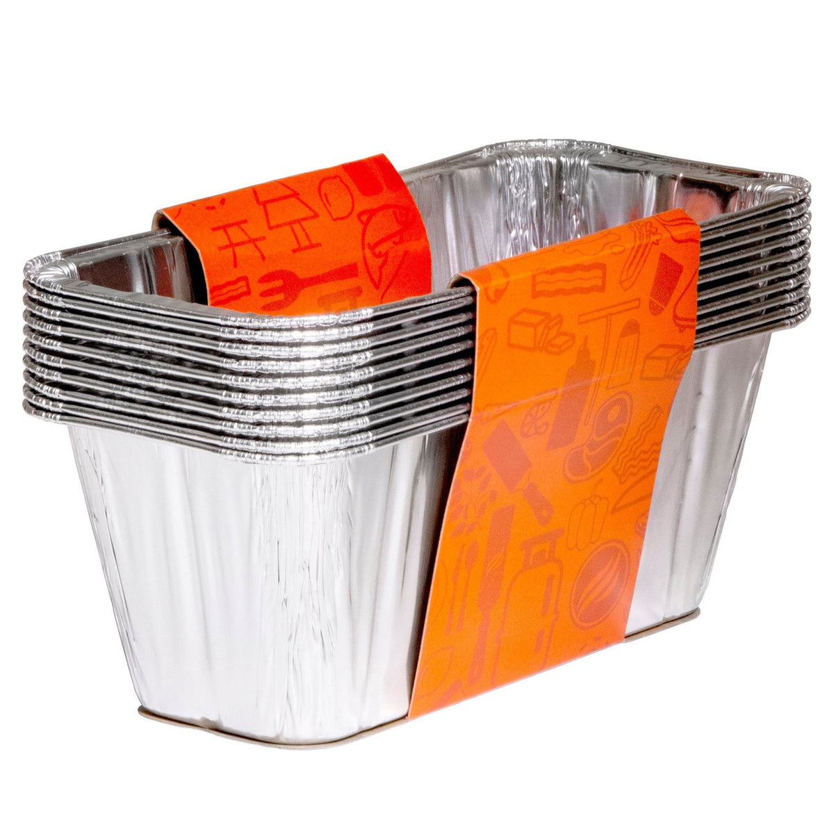 Stack of ten rectangular Blackstone grease cup liners with an orange paper band around them