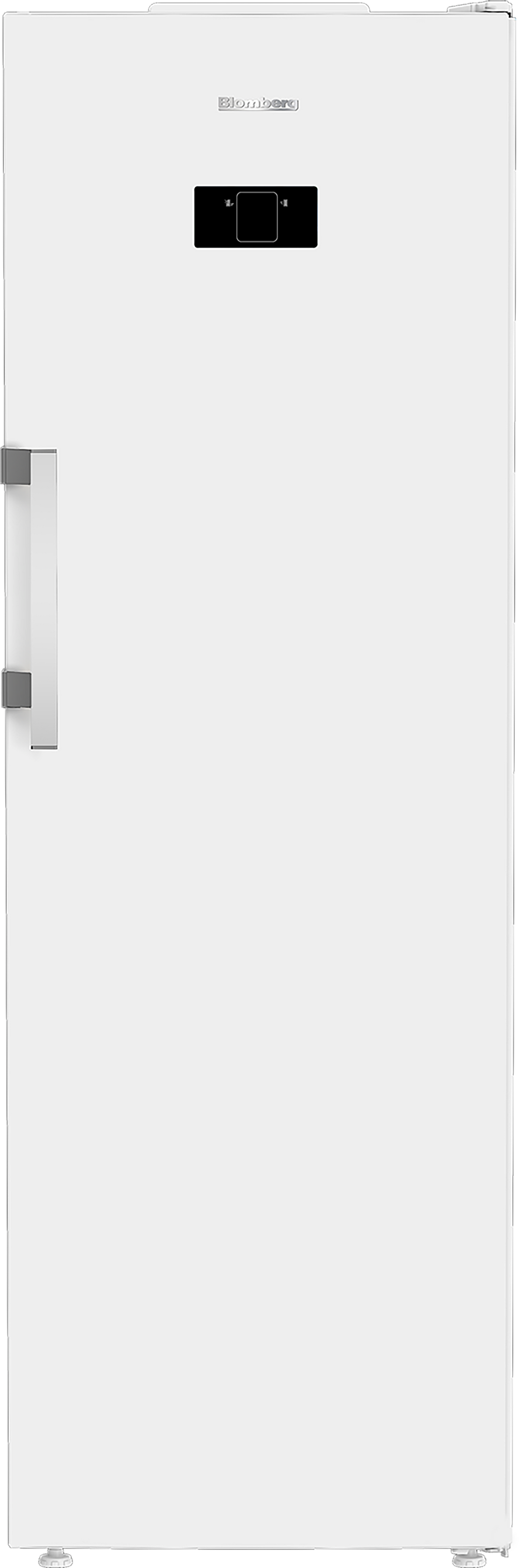 Blomberg tall freestanding white larder fridge with digital display and high-lift handle on left side