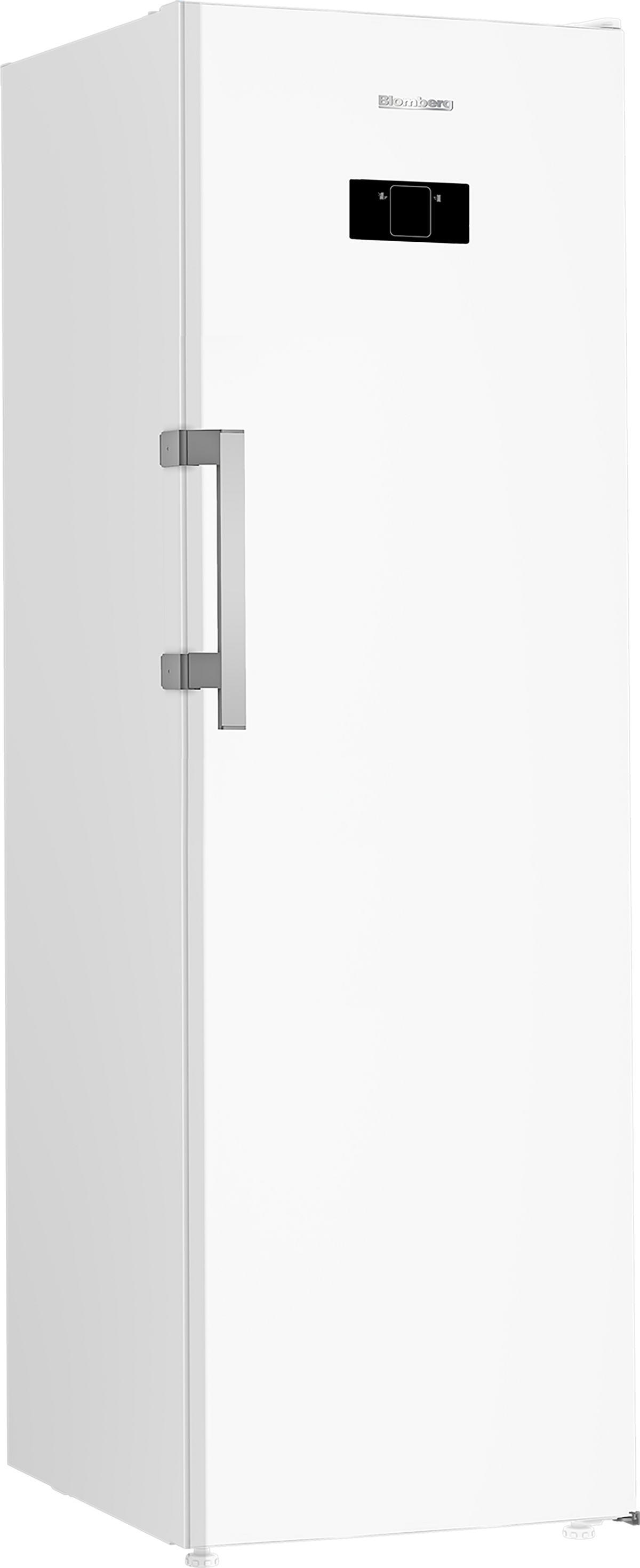 White Blomberg freestanding tall larder fridge with silver handle and digital display panel on door