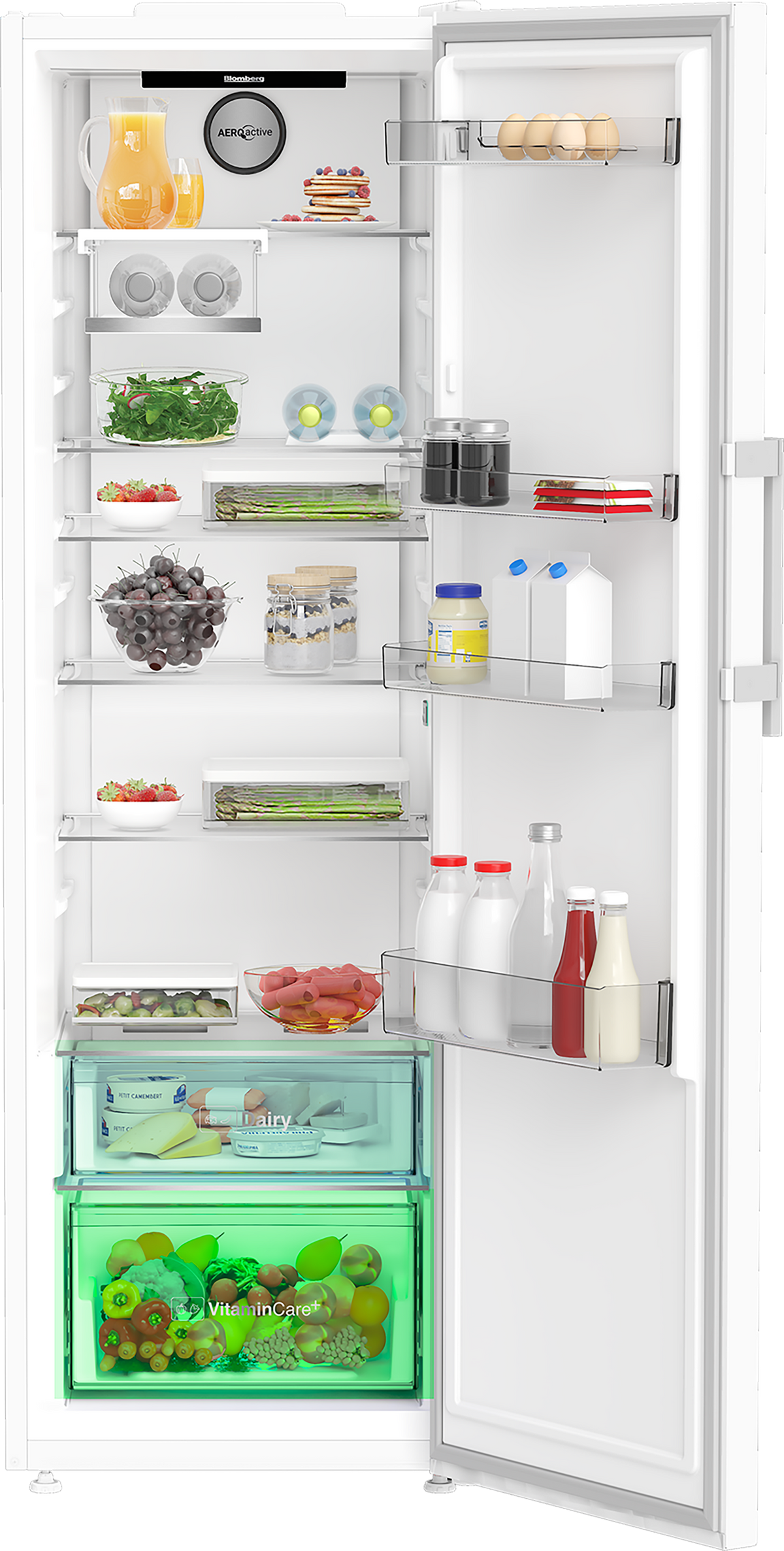Blomberg tall white larder fridge open with shelves stocked with juice, eggs, vegetables, dairy, and condiments.