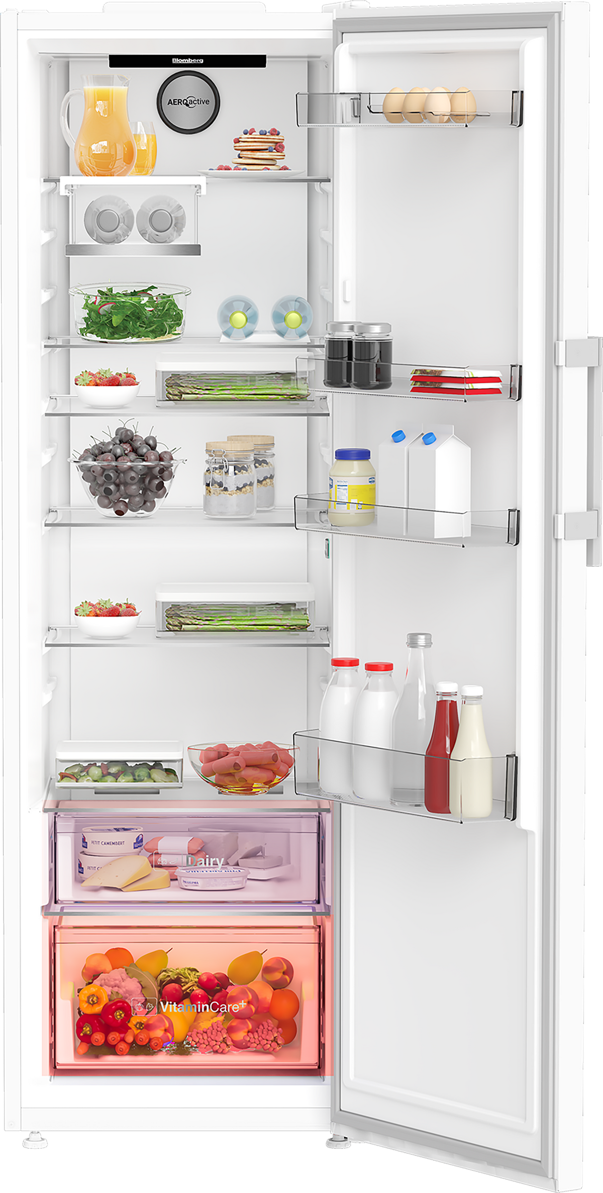 Blomberg tall white larder fridge open, showing shelves with drinks, fruits, vegetables, eggs, and dairy compartments.