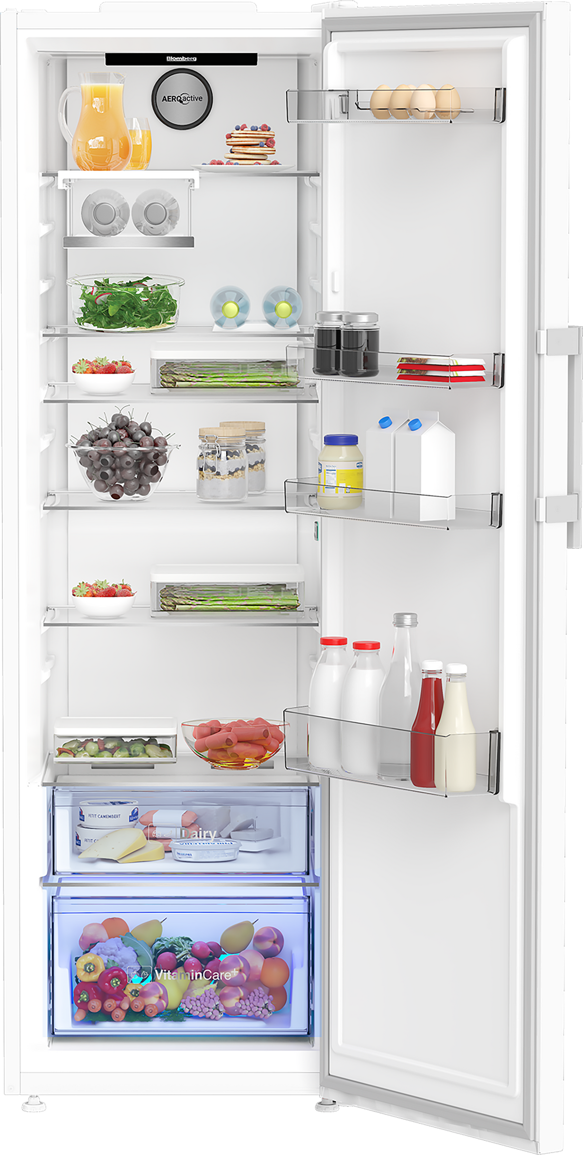 Blomberg tall white larder fridge open showing shelves stocked with drinks, fruits, vegetables, and dairy.