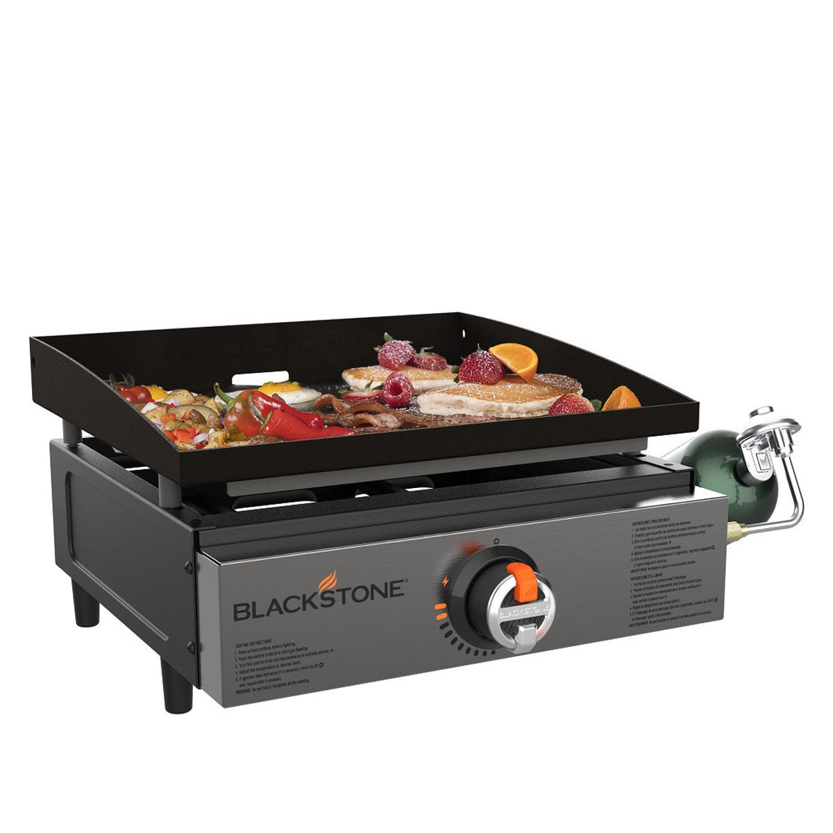 Blackstone 17" Tabletop Griddle with cooked breakfast including pancakes, eggs, bacon, and vegetables
