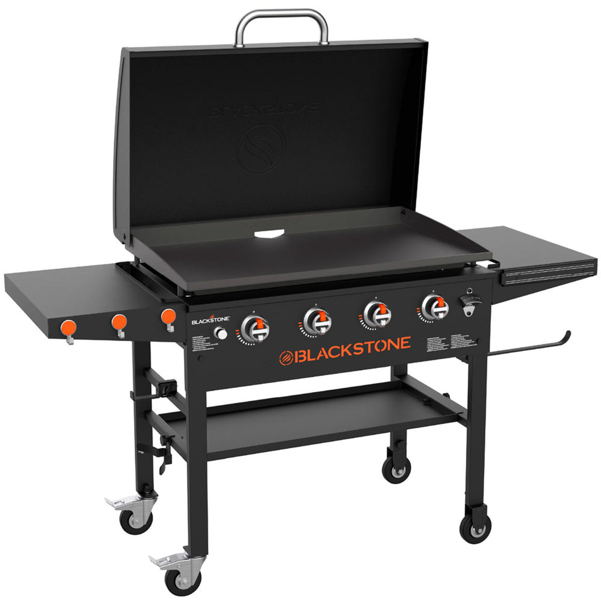 Blackstone 36" outdoor griddle with hood open, four control knobs, folding side shelves, and caster wheels.