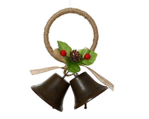 Decorative Iron Bell with Rope Hanger and Berry Floral Detail - Image 1