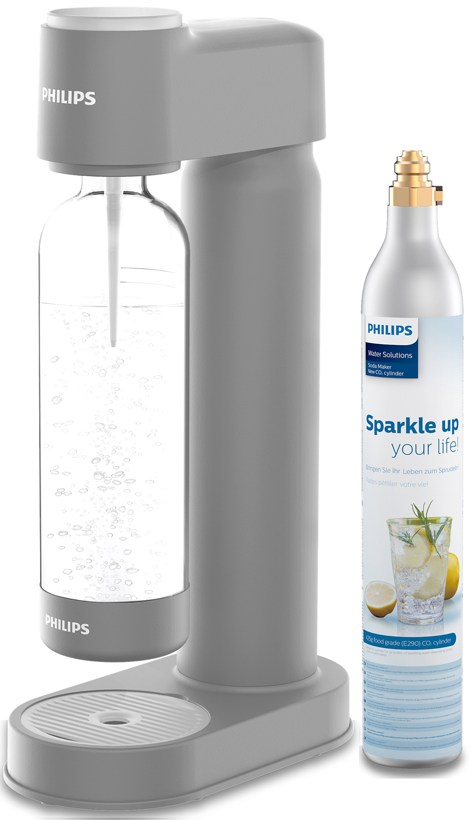 Philips GoZero Soda Maker in grey with a carbonating bottle and a separate CO2 cylinder beside it.