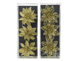 Gold Glitter Poinsettia Clip Decorations – Set of 3 Christmas Flowers H.9cm assorted