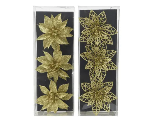 Gold Glitter Poinsettia Clip Decorations – Set of 3 Christmas Flowers H.9cm assorted - Image 1