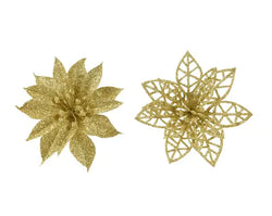 Gold Glitter Poinsettia Clip Decorations – Set of 3 Christmas Flowers H.9cm assorted