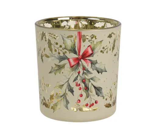 Glass Tealight Holder – Cream with Holly Berry Christmas Design D.7.3cm x H.8cm - Image 1