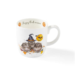 Set of 4 Wrendale Designs Halloween mugs with owls, full moon, "Happy Owl-o-ween" message, fine bone china - Keans