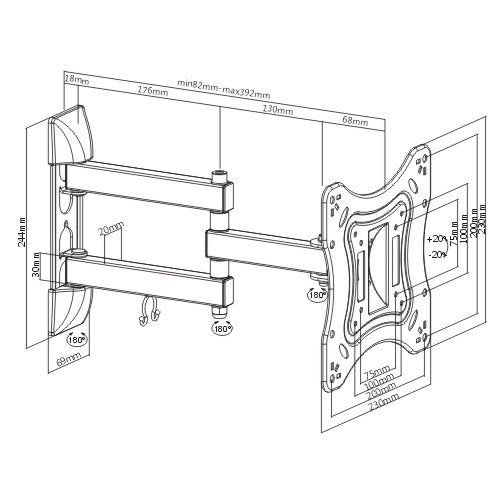 Brateck 23"-50" Full Motion Dual Arm Wall Mount for TVs, adjustable swivel and tilt, available at Keans Claremorris.